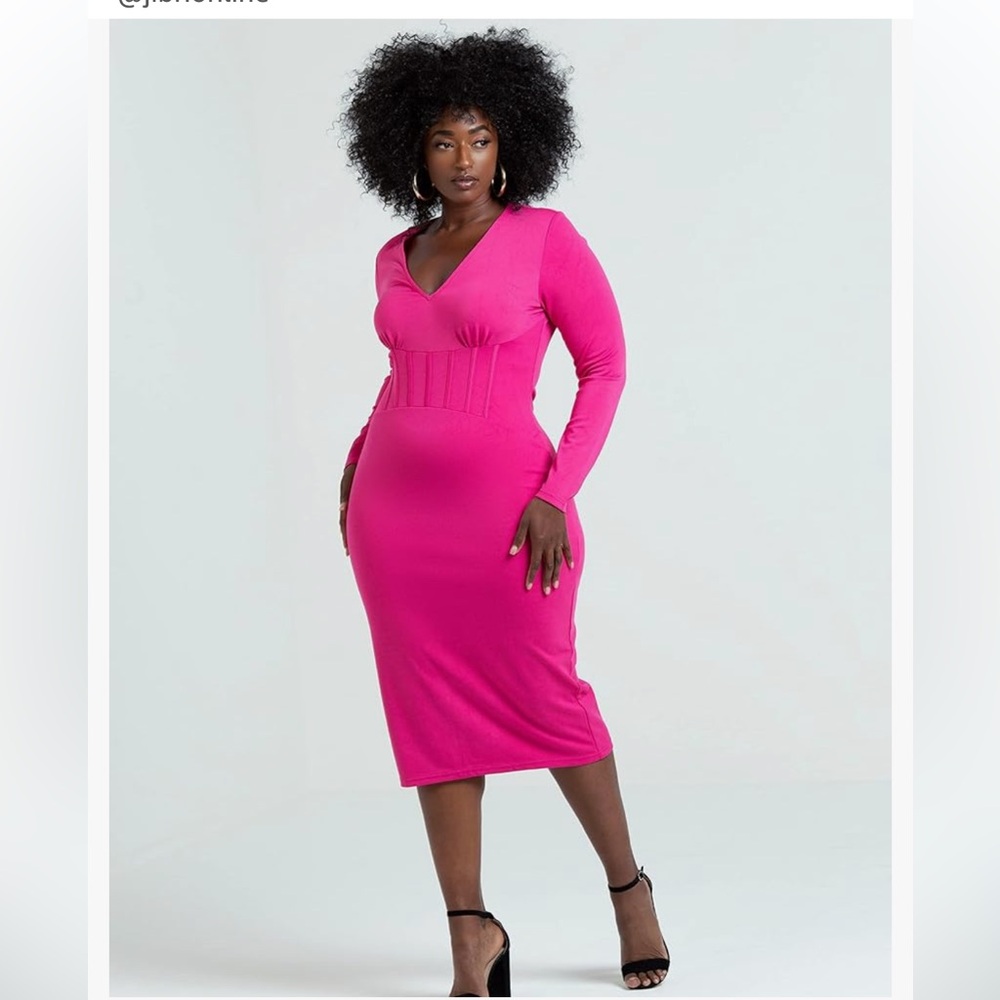 Hot Pink V Neck Knit Dress, long sleeve, midi length, size M